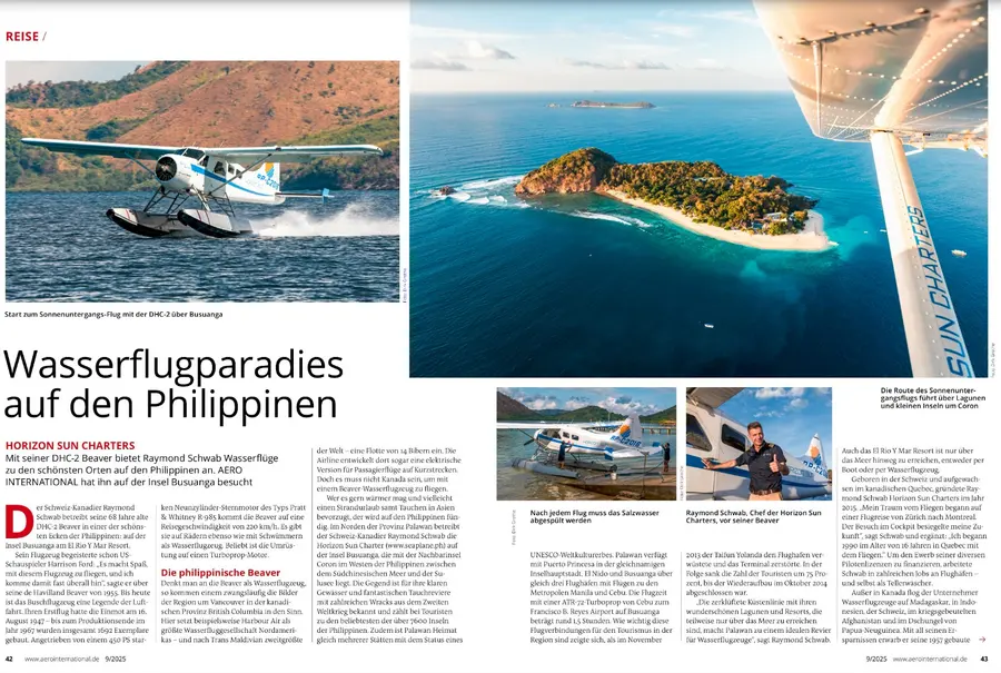 AERO INTERNATIONAL issue 9/2025, pages 42 and 43: the feature Wasserflugparadies auf den Philippinen about Raymond Schwab and his DHC-2 Beaver